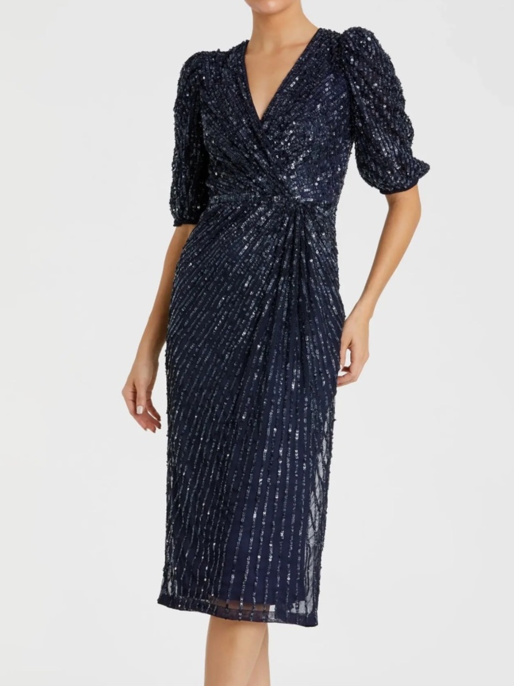 Mac Duggal Navy Blue Sequined V-Neck Puff Sleeve Midi Dress NWT Size 12